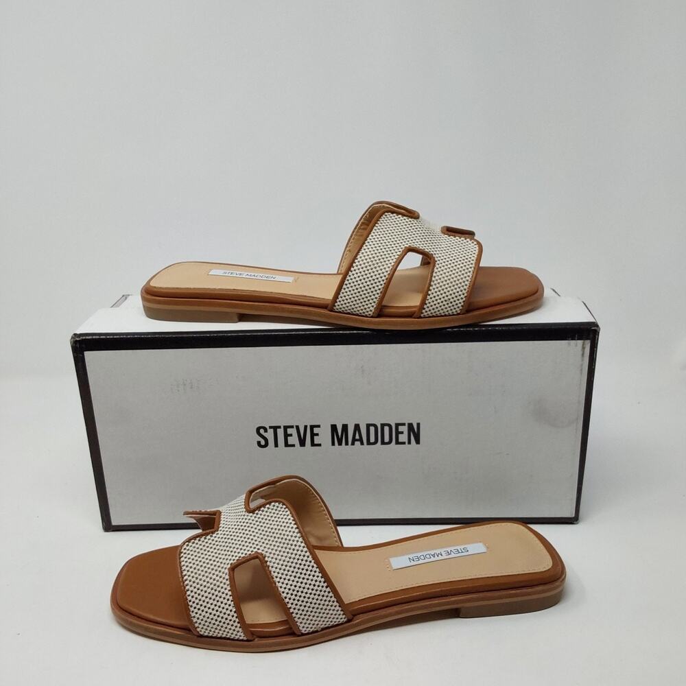 Steve Madden Hadyn Check Womens 7.5 Natural Cognac Woven H Slide Sandals